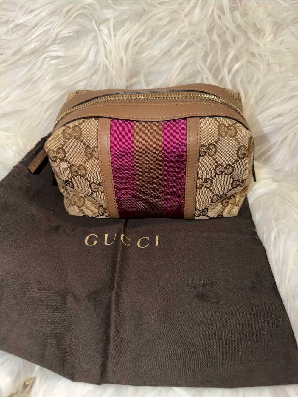 Gucci Beige GG Canvas Cosmetic Pouch with Pink and Brown Center Stripe